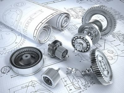 Blueprints and 3D metal machine parts. Mechanical engineering concept.